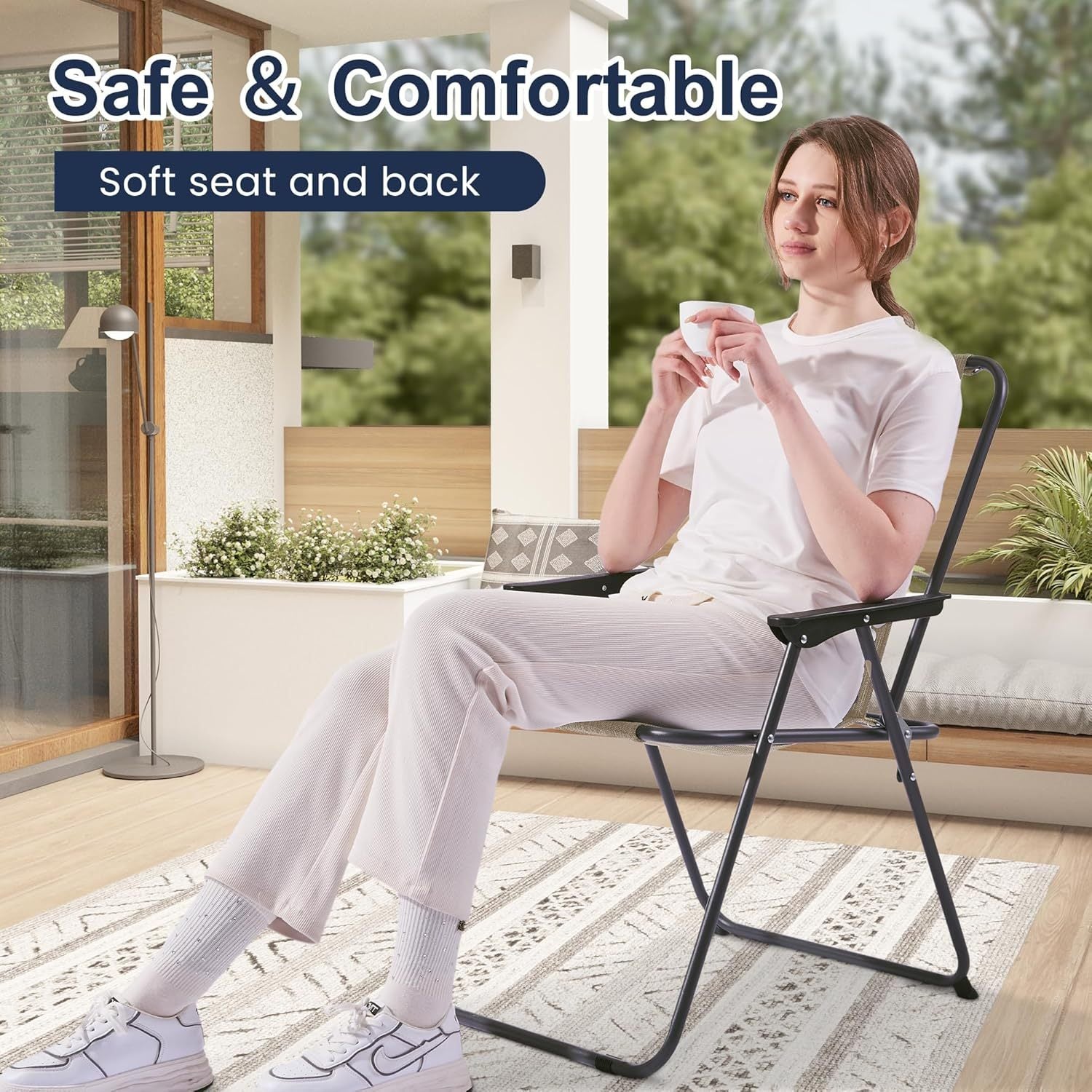 Amopatio Patio Folding Chairs Set Of 4, Outdoor Chair  (Conjunto de 4 cadeiras dobráveis Amopatio para área externa, cadeiras de jantar dobráveis com braços para gramado, jardim, varanda e piscina, marrom)