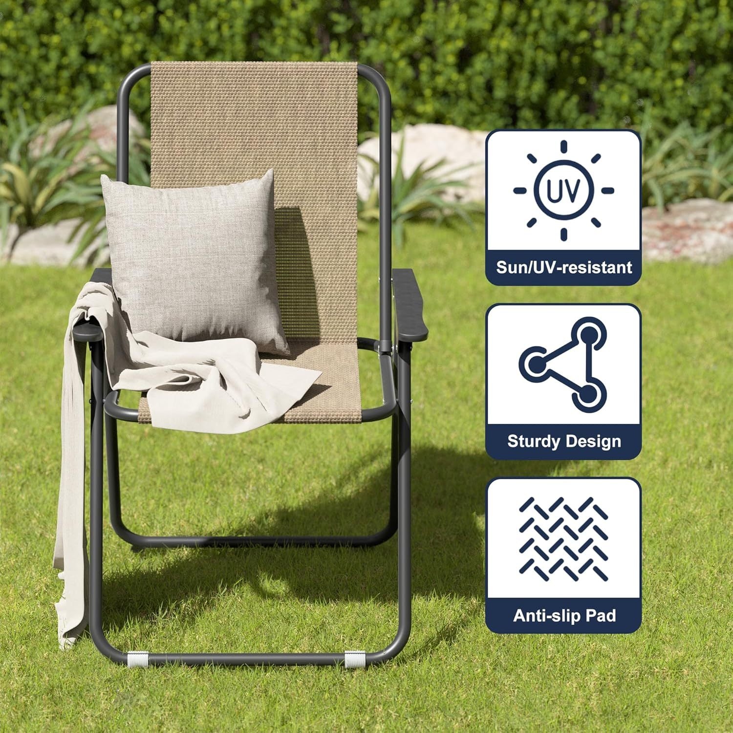 Amopatio Patio Folding Chairs Set Of 4, Outdoor Chair  (Conjunto de 4 cadeiras dobráveis Amopatio para área externa, cadeiras de jantar dobráveis com braços para gramado, jardim, varanda e piscina, marrom)
