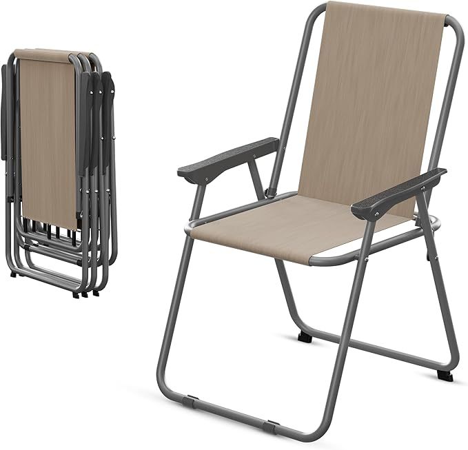 Amopatio Patio Folding Chairs Set Of 4, Outdoor Chair  (Conjunto de 4 cadeiras dobráveis Amopatio para área externa, cadeiras de jantar dobráveis com braços para gramado, jardim, varanda e piscina, marrom)