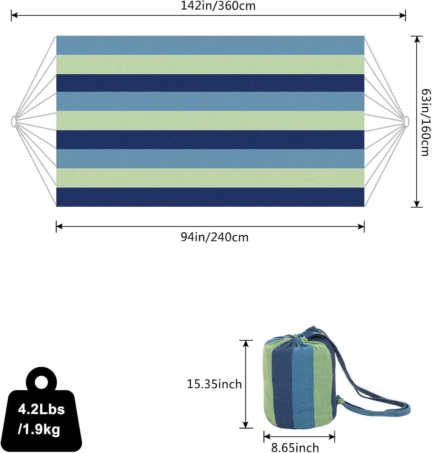 Extra Long And Wide Double Hammock For Travel Camping Backyard, Porch, Outdoor Or Indoor Use, Carrying Pouch Included